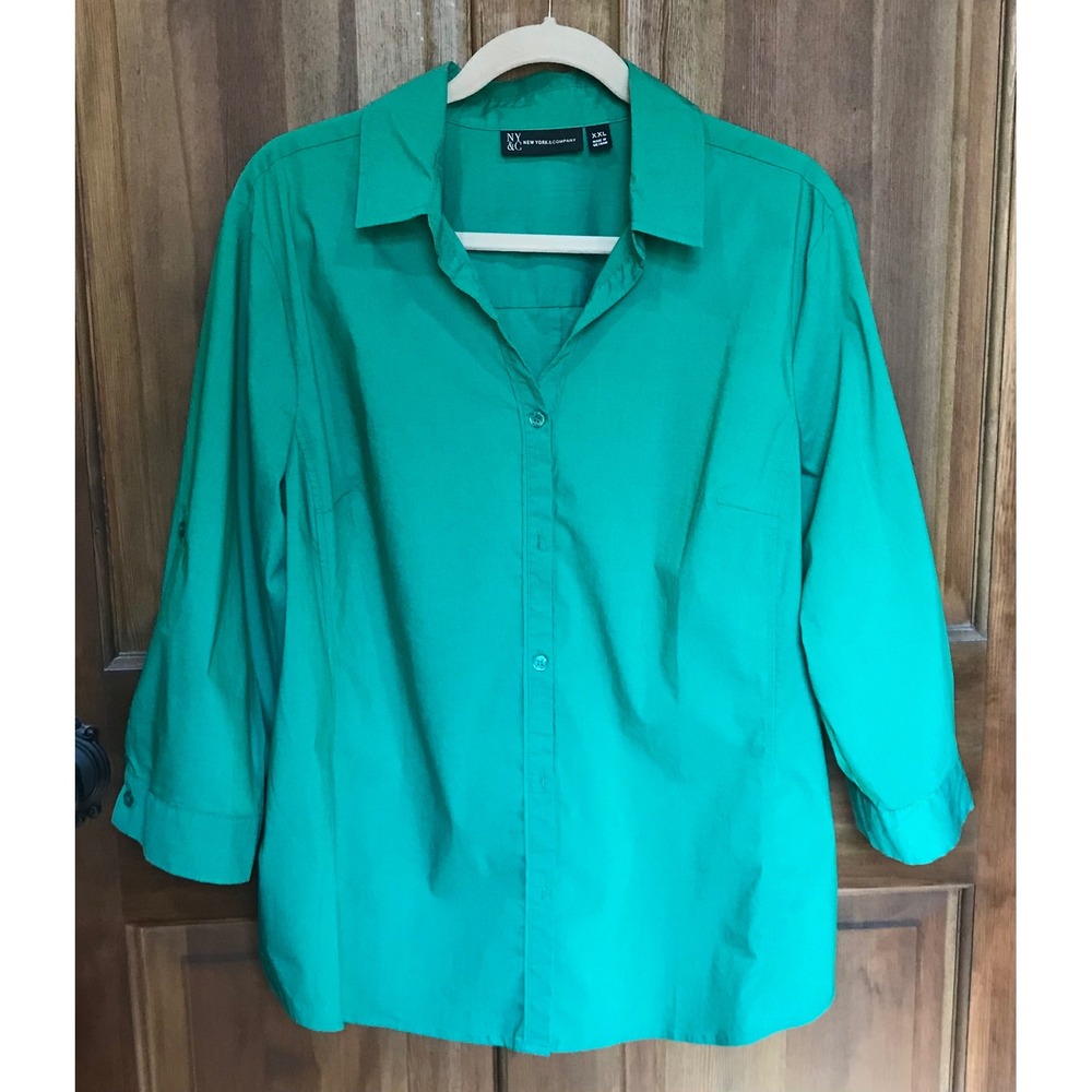 New York & Co. Green Button Down 3/4‎ Roll Tab Sleeve Blouse XXL Plus Size